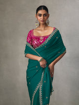 Teal green sparkling detail silk blend women saree