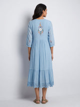 Blue folk floral women A-line dress