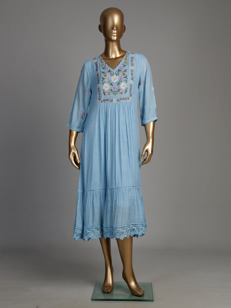 Blue folk floral women A-line dress