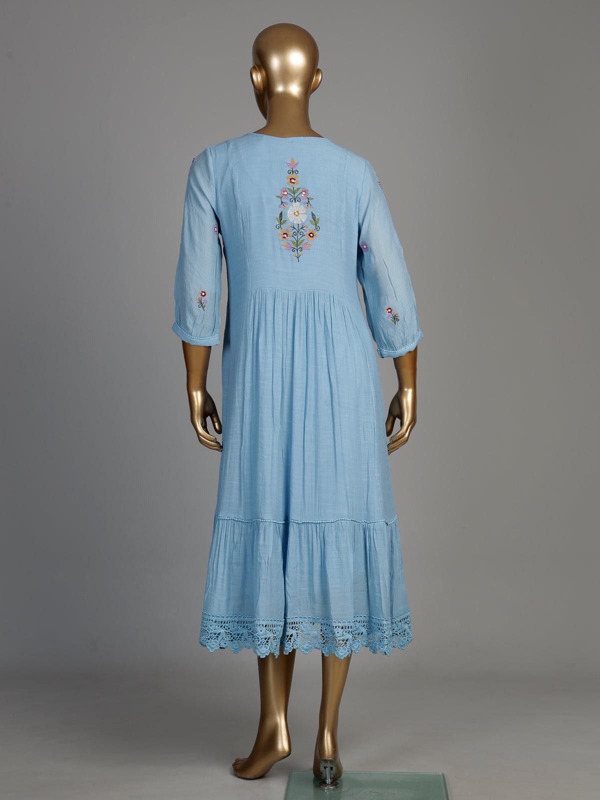 Blue folk floral women A-line dress