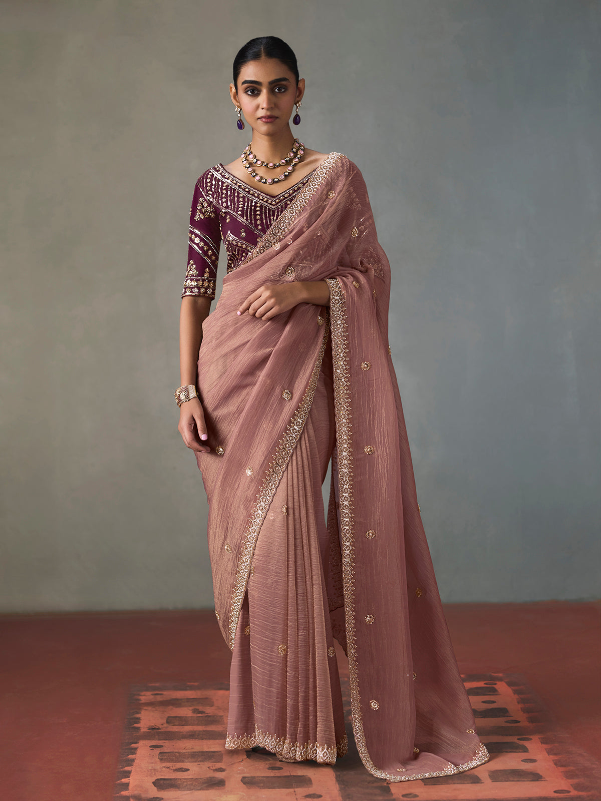 Onion pink graceful shimmer silk blend women saree