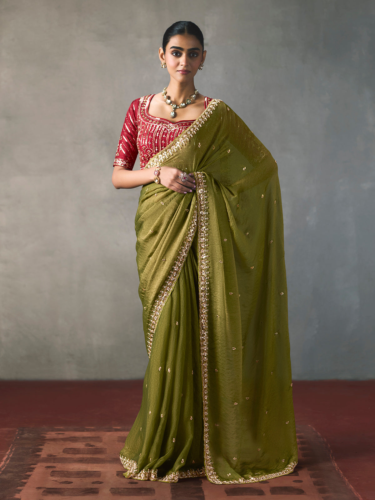 Olive green traditional accent silk blend women saree
