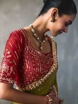 Olive green traditional accent silk blend women saree
