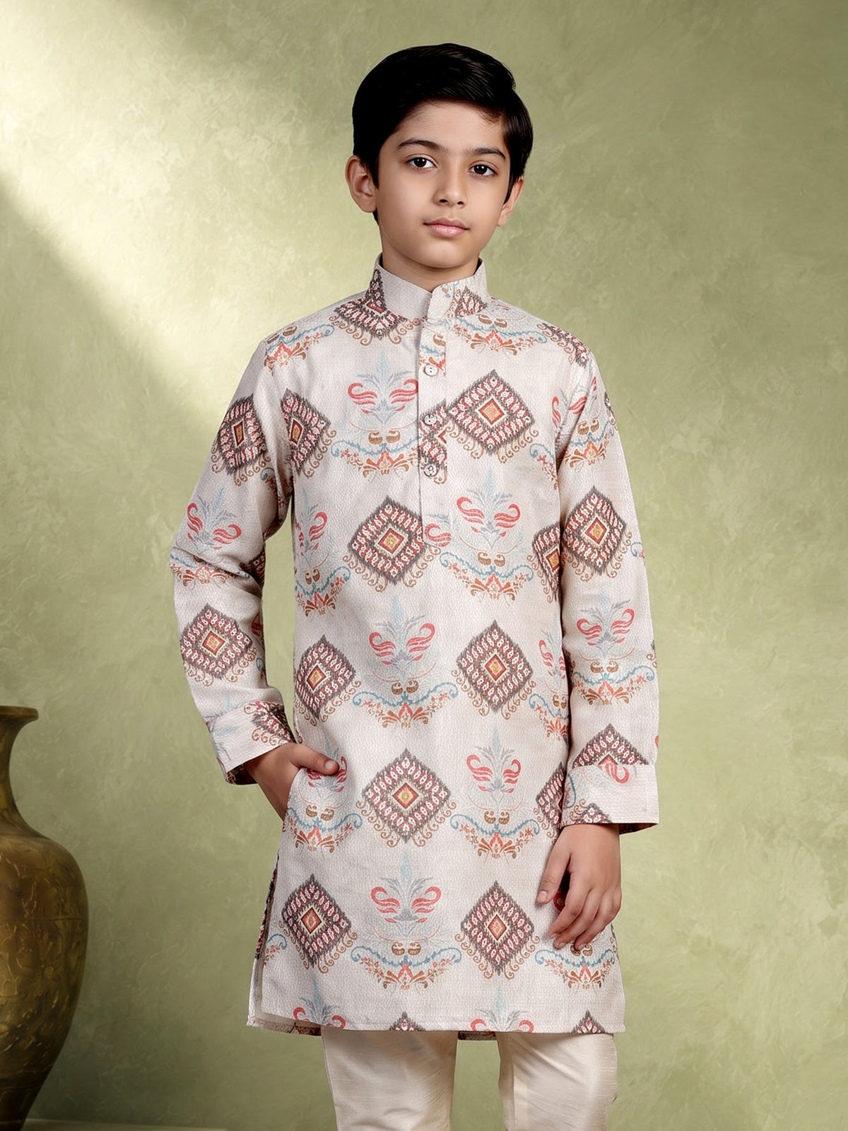 Off white ikat medallion boy kurta