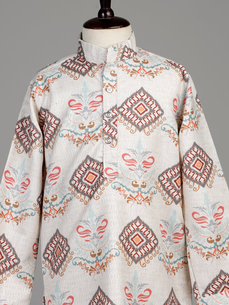 Off white ikat medallion boy kurta