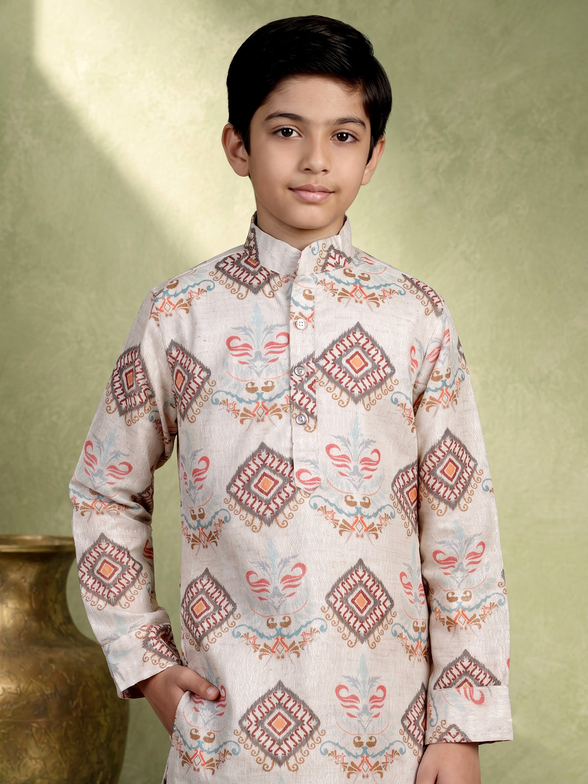 Off white ikat medallion boy kurta