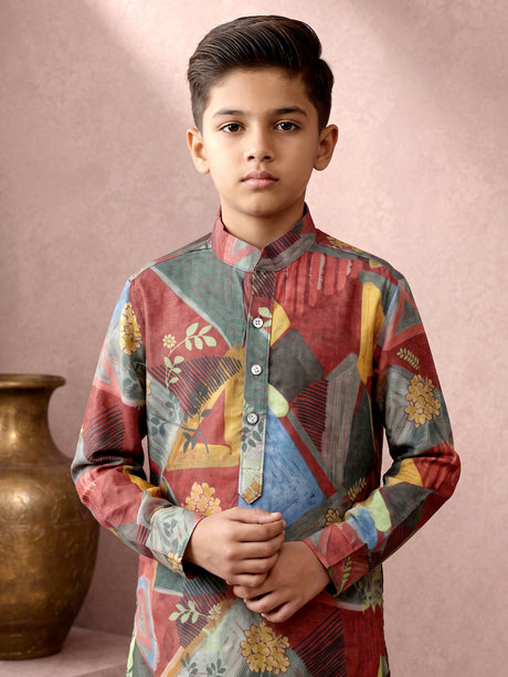 Multicolour geometric botanical boy kurta