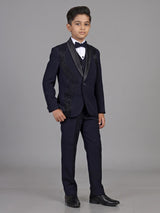 Navy blue terry rayon boys coat suit with embellished shawl lapel