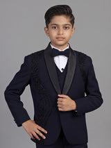 Navy blue terry rayon boys coat suit with embellished shawl lapel