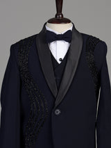 Navy blue terry rayon boys coat suit with embellished shawl lapel