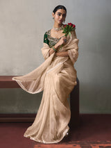 Beige classic contrast silk blend women saree