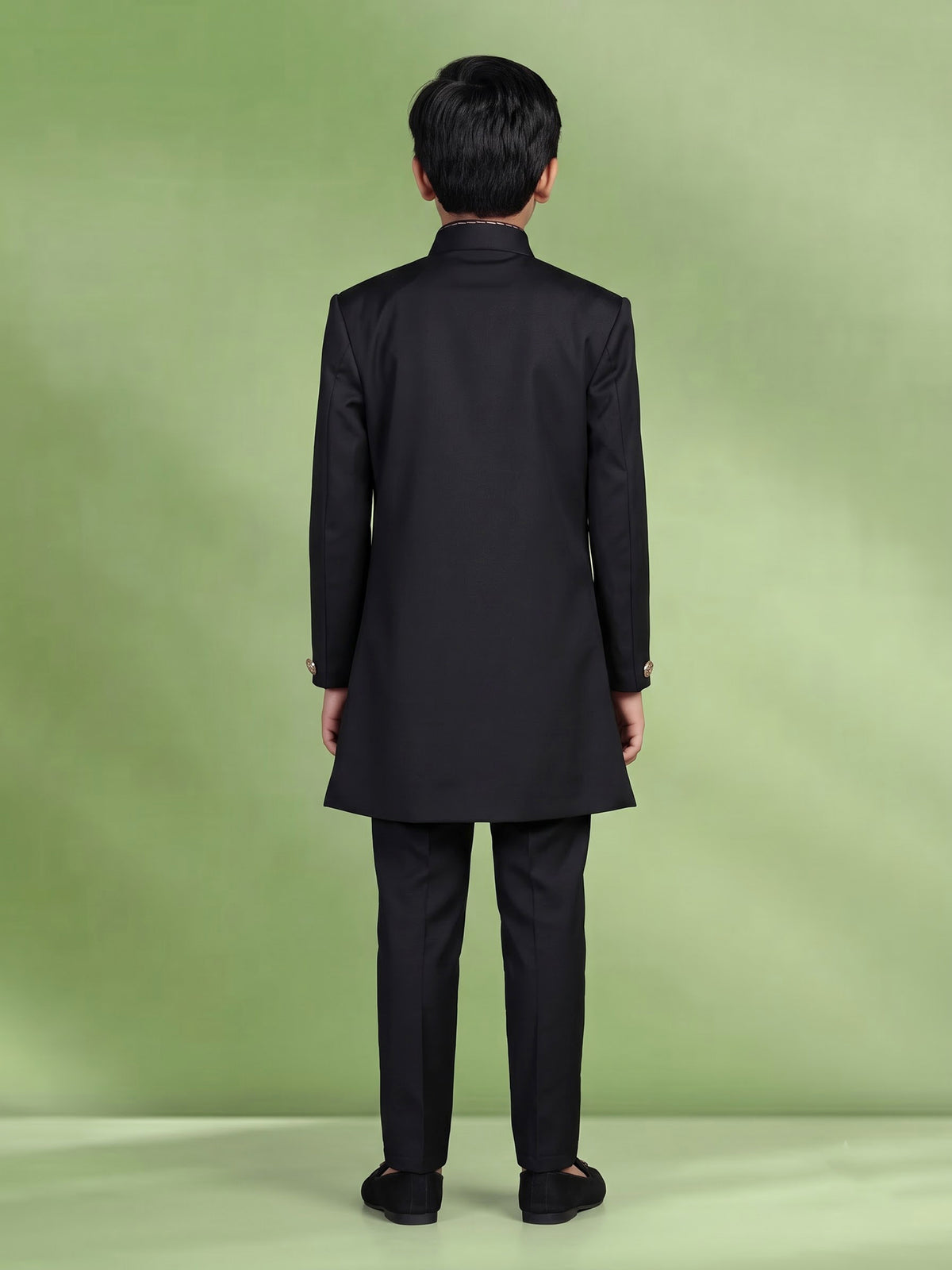 Deep midnight black terry rayon boys Indo-Western suit with royal owl crest