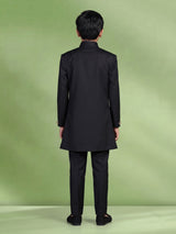 Deep midnight black terry rayon boys Indo-Western suit with royal owl crest