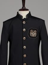 Deep midnight black terry rayon boys Indo-Western suit with royal owl crest