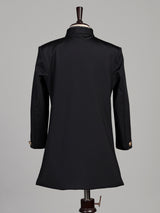Deep midnight black terry rayon boys Indo-Western suit with royal owl crest