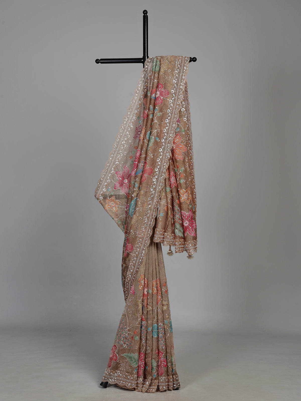 Coffee brown tissue silk saree with sequins and beadwork