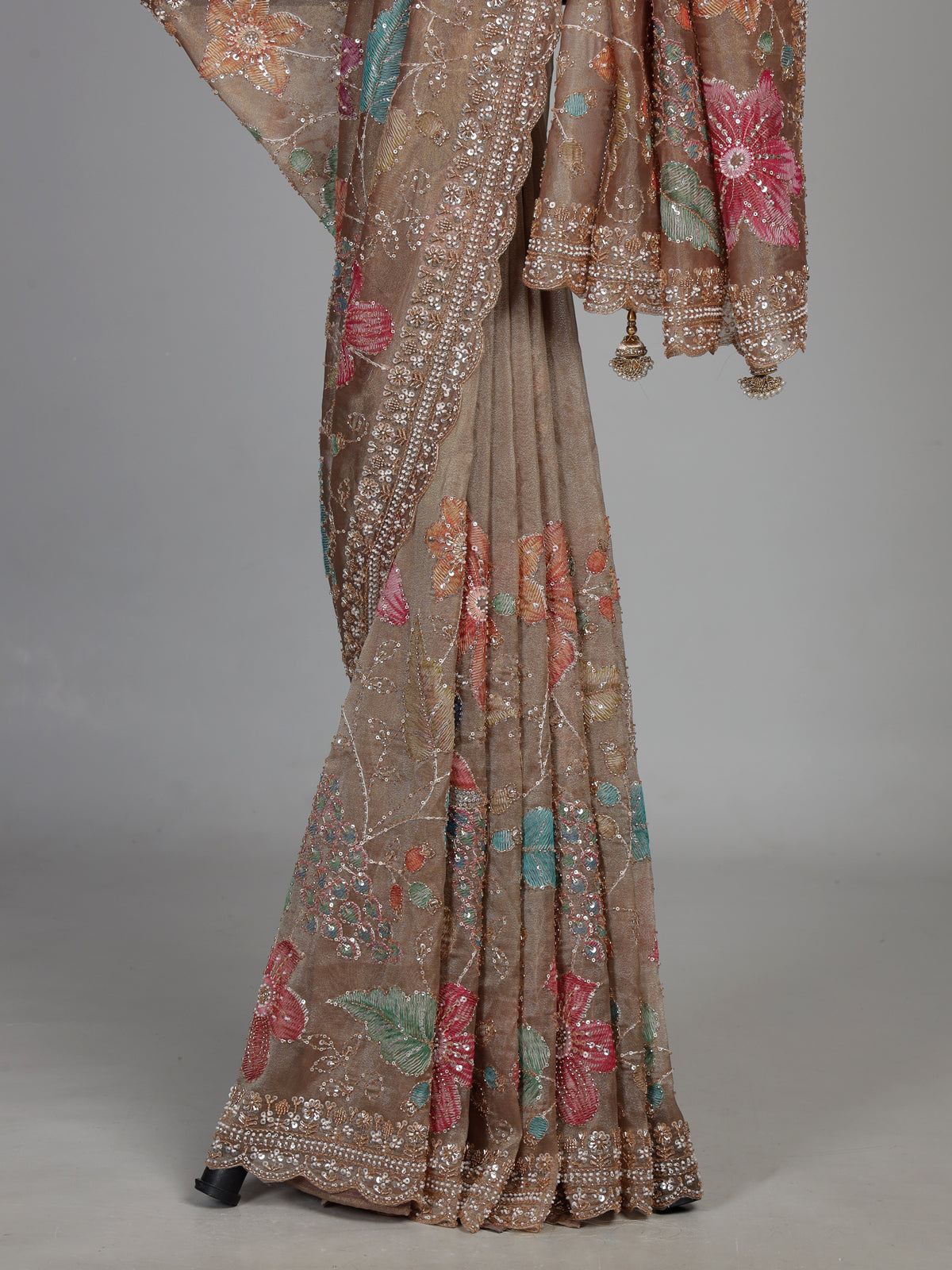 Coffee brown tissue silk saree with sequins and beadwork