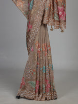 Coffee brown tissue silk saree with sequins and beadwork