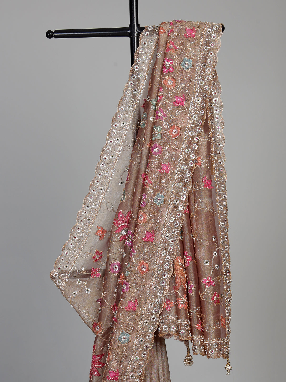 Coffee brown tissue silk saree with floral embroidery and tassels