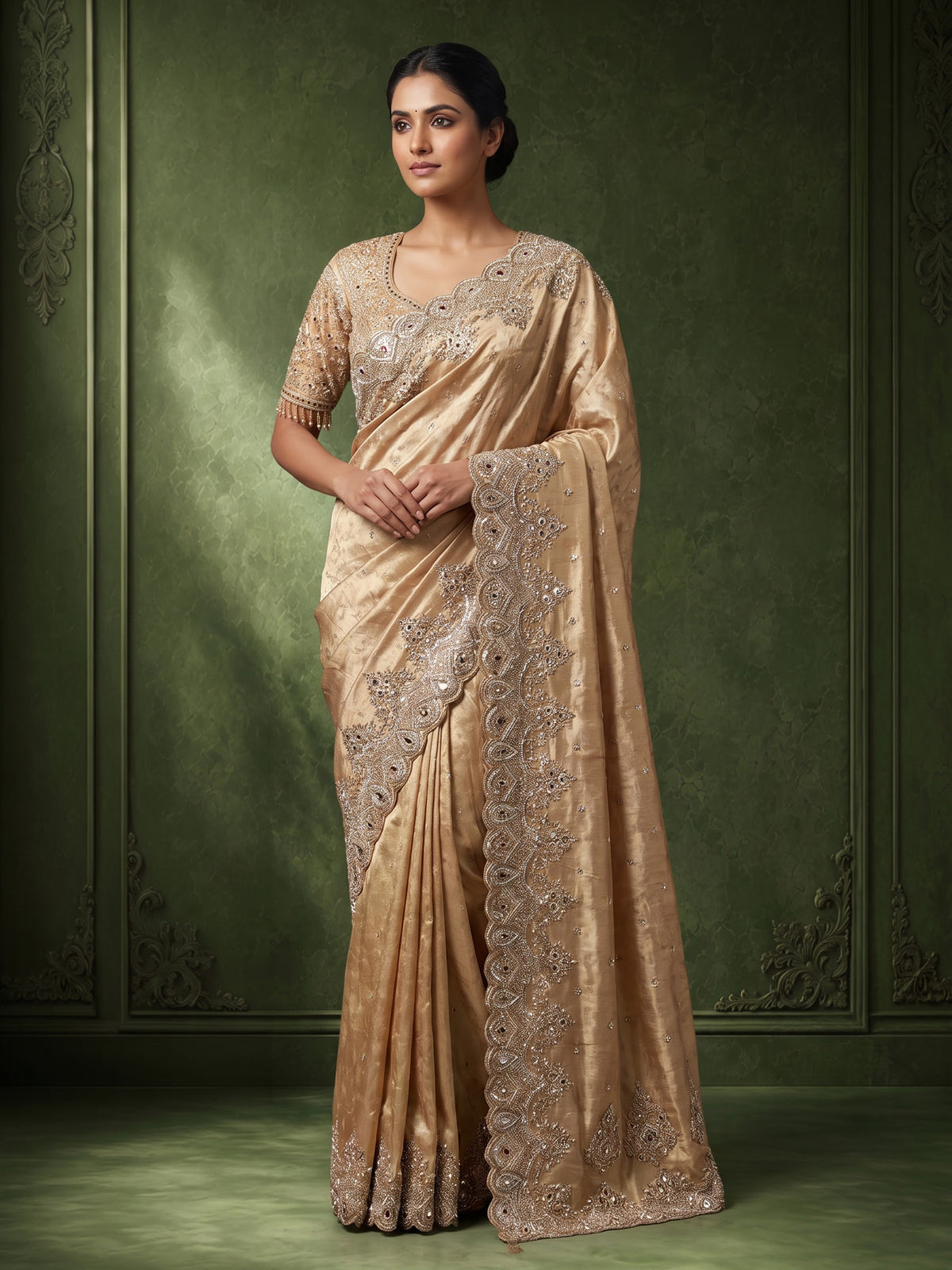 Pastel peach silk saree with ready made blouse