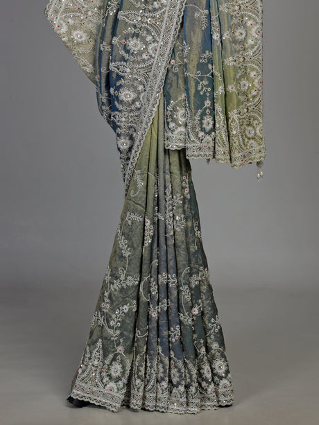 Pastel stone grey silk saree with ready made blouse