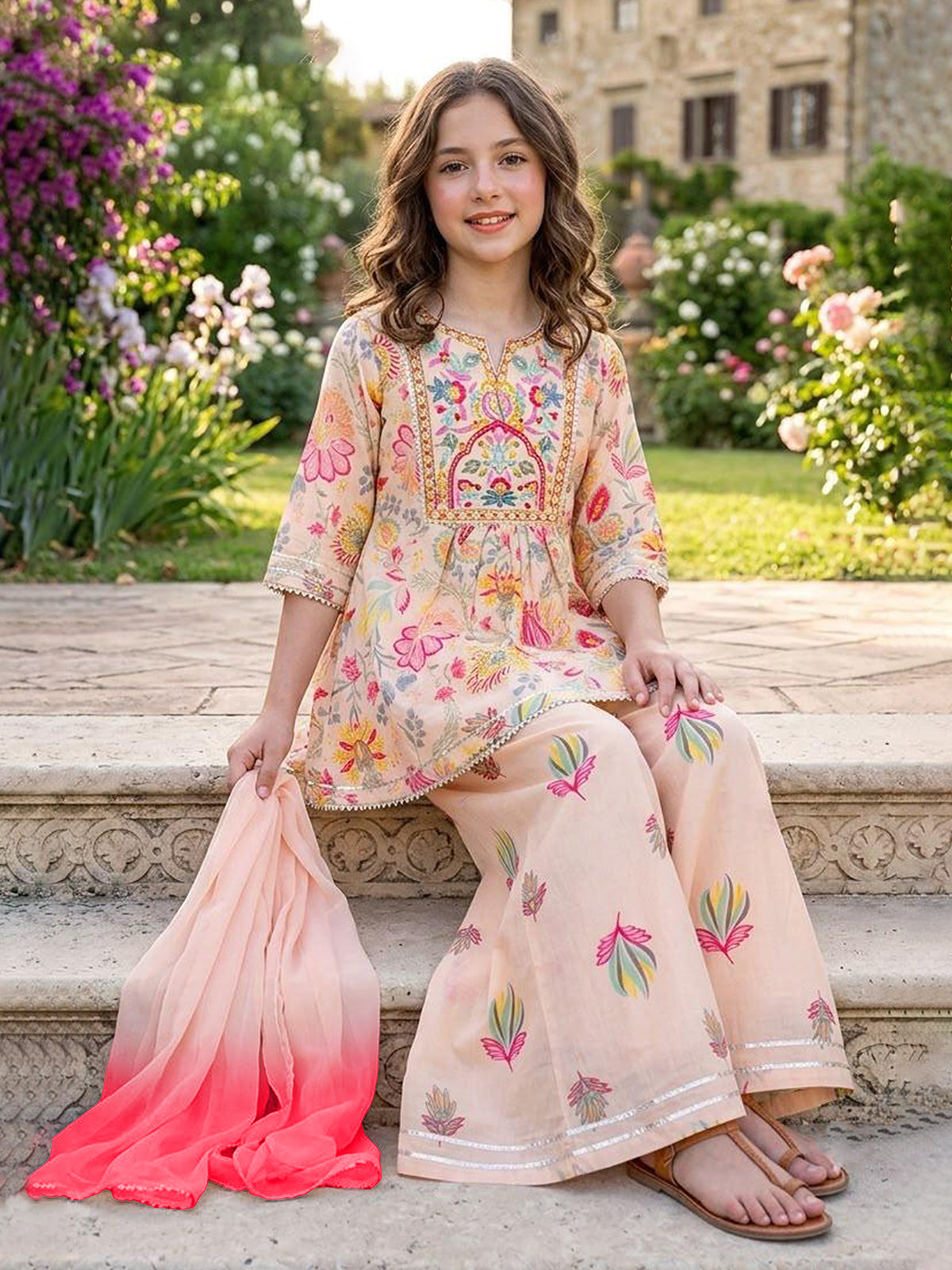 Light peach floral girls sharara suit