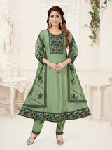 Green silk elegant embroidered anarkali pant suit