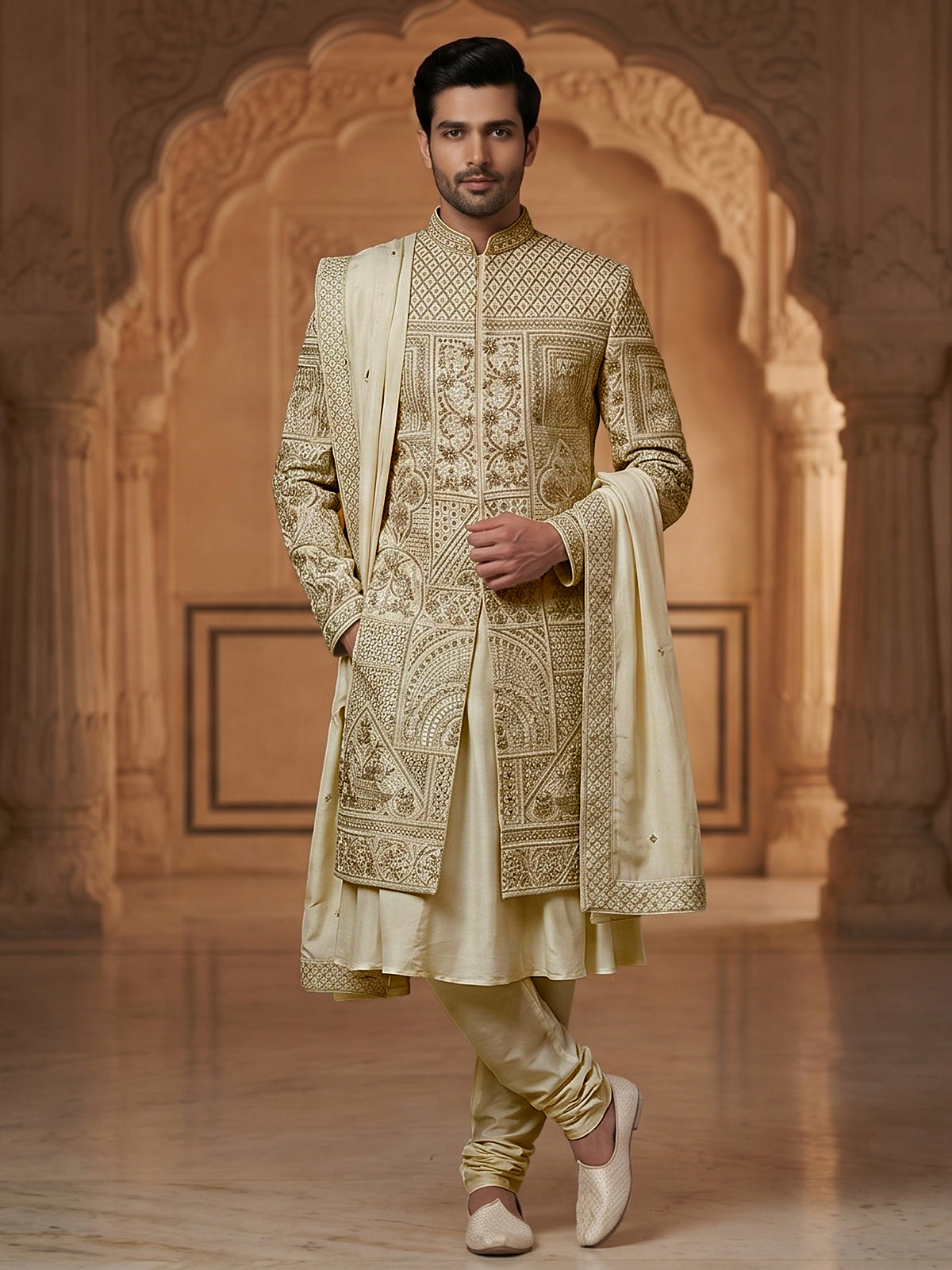 Elegant pista green and cream raw silk full sleeves sherwani