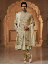 Elegant pista green and cream raw silk full sleeves sherwani