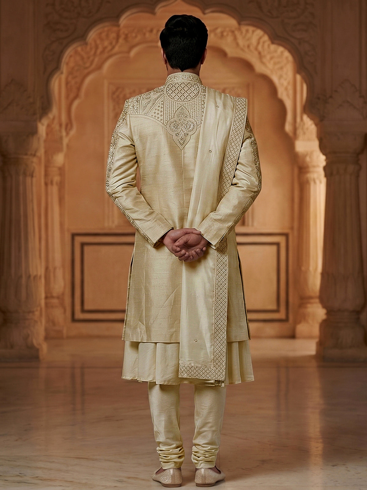 Elegant pista green and cream raw silk full sleeves sherwani