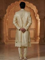 Elegant pista green and cream raw silk full sleeves sherwani