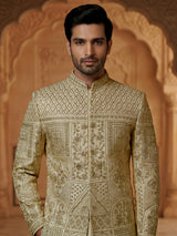 Elegant pista green and cream raw silk full sleeves sherwani