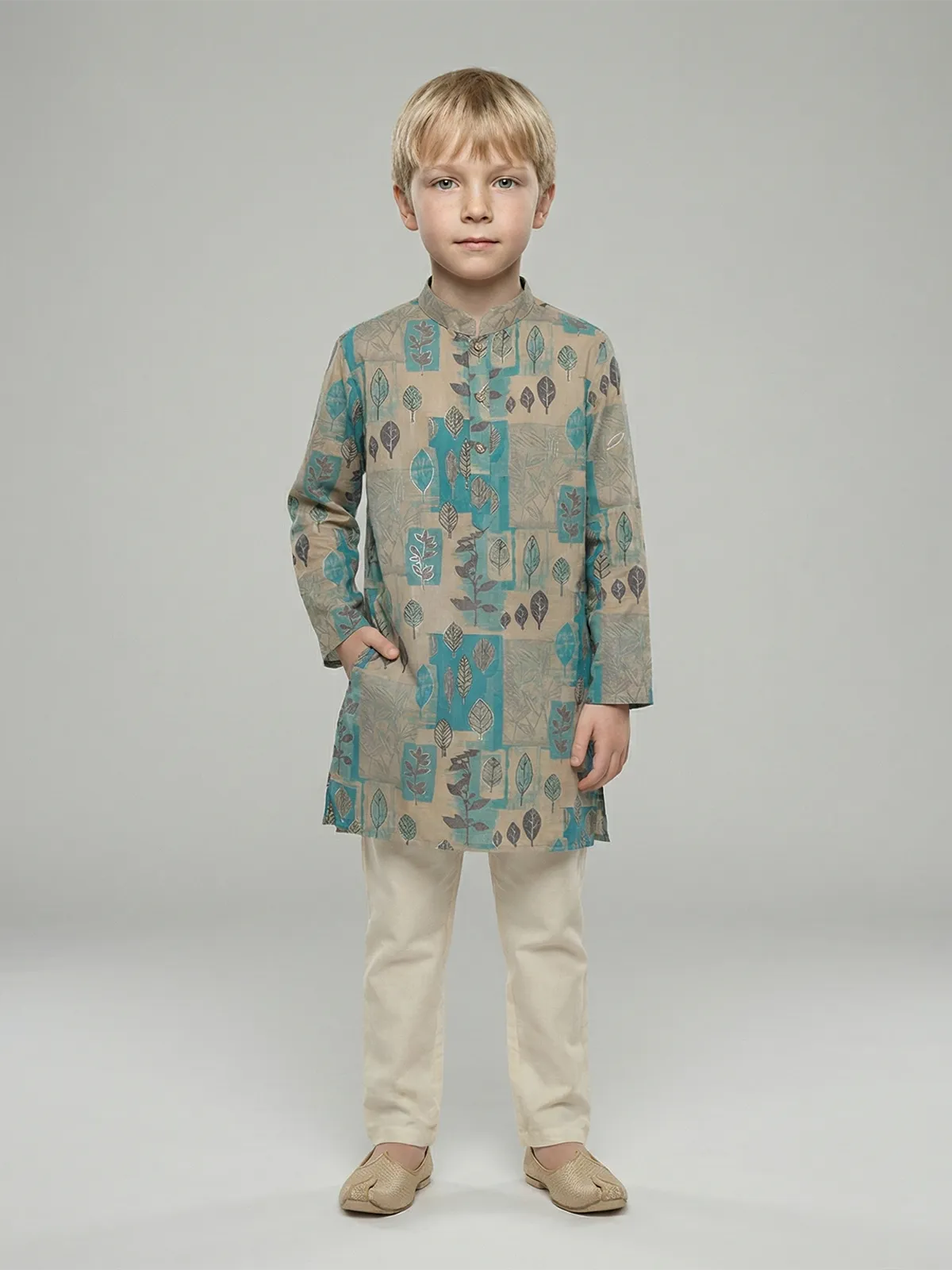 Ocean breeze beige and aqua printed kurta suit