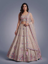 Beige mirror lehenga with pastel dupatta