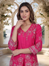 Rani pink embroidered cotton silk sharara suit with organza dupatta