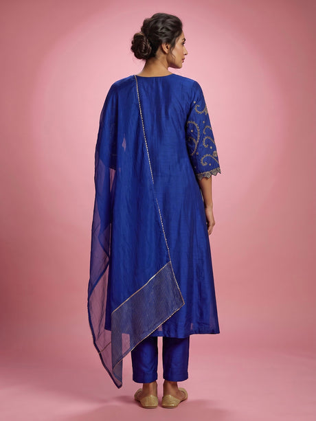 Royal blue silk anarkali salwar suit with gota zardosi embroidery dupatta