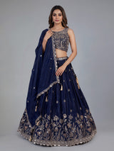 Navy blue embellished silk wedding lehenga choli creation