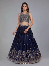 Navy blue embellished silk wedding lehenga choli creation