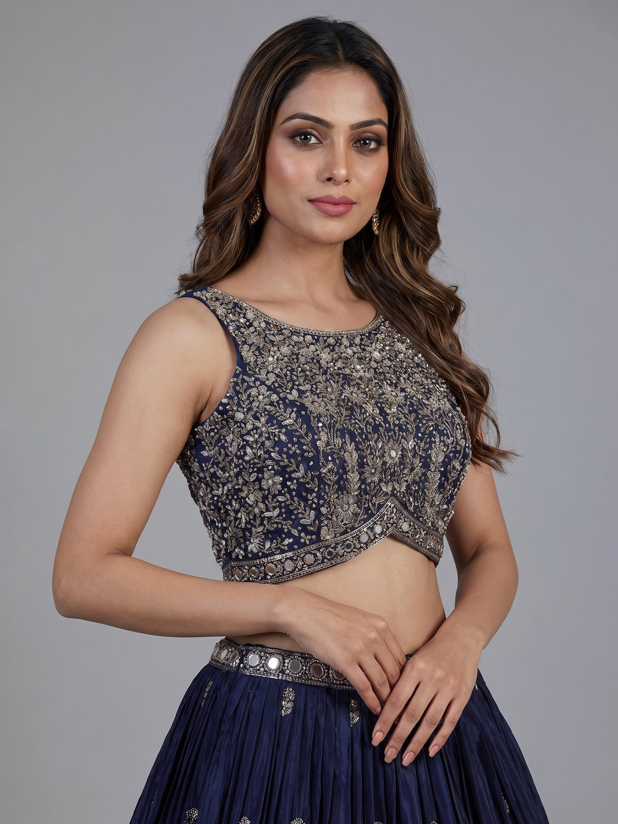 Navy blue embellished silk wedding lehenga choli creation