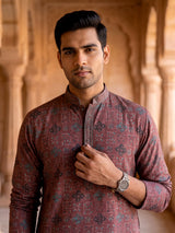 Wine cotton silk printed festive kurta suit for men with classic mandarin collar