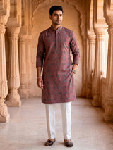 Wine cotton silk printed festive kurta suit for men with classic mandarin collar