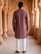 Wine cotton silk printed festive kurta suit for men with classic mandarin collar