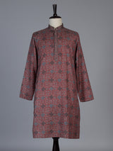 Wine cotton silk printed festive kurta suit for men with classic mandarin collar