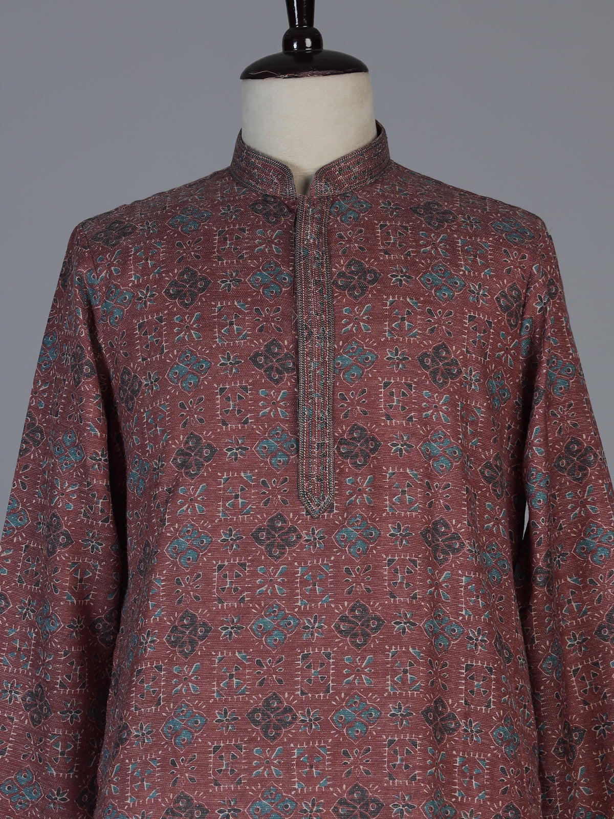 Wine cotton silk printed festive kurta suit for men with classic mandarin collar