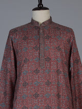 Wine cotton silk printed festive kurta suit for men with classic mandarin collar