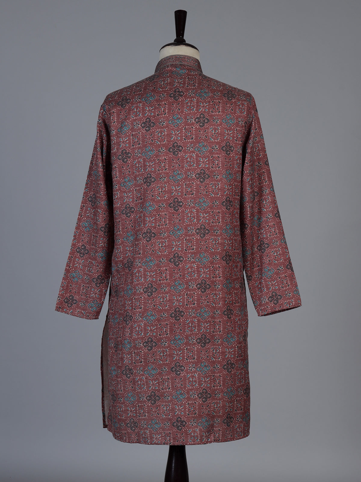Wine cotton silk printed festive kurta suit for men with classic mandarin collar