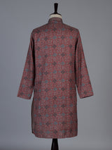 Wine cotton silk printed festive kurta suit for men with classic mandarin collar