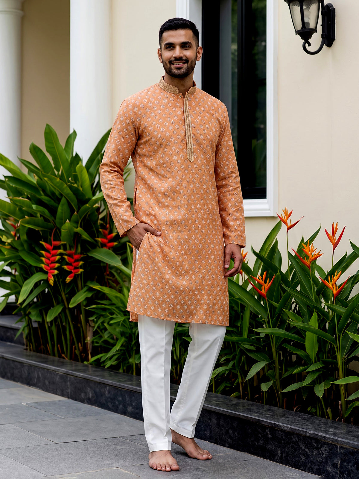 Peach cotton silk printed festive kurta suit for men with elegant mandarin collar