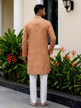 Peach cotton silk printed festive kurta suit for men with elegant mandarin collar