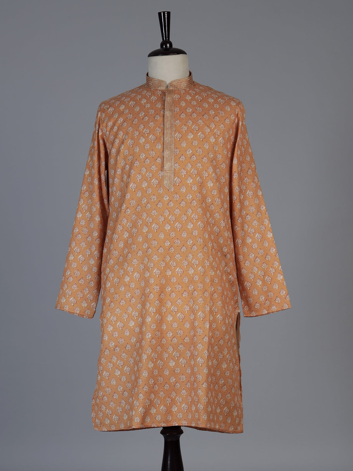 Peach cotton silk printed festive kurta suit for men with elegant mandarin collar